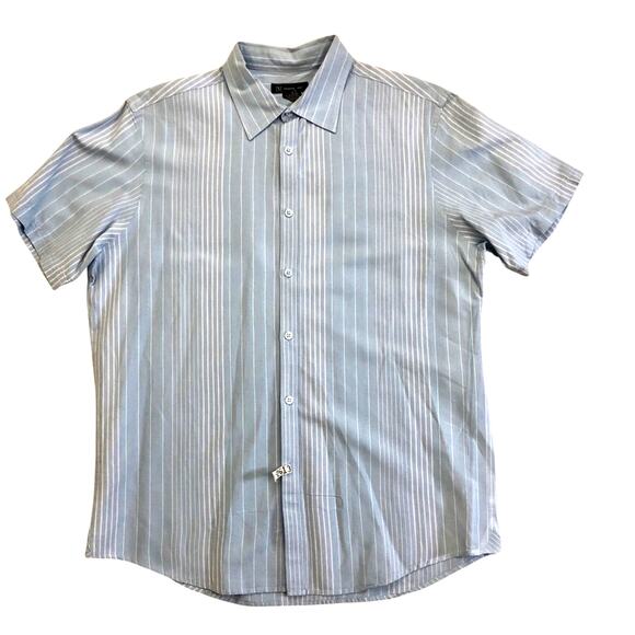 INC International Concepts Light Blue Tan Stripe Short sleeve Button Front Shirt - Picture 1 of 16
